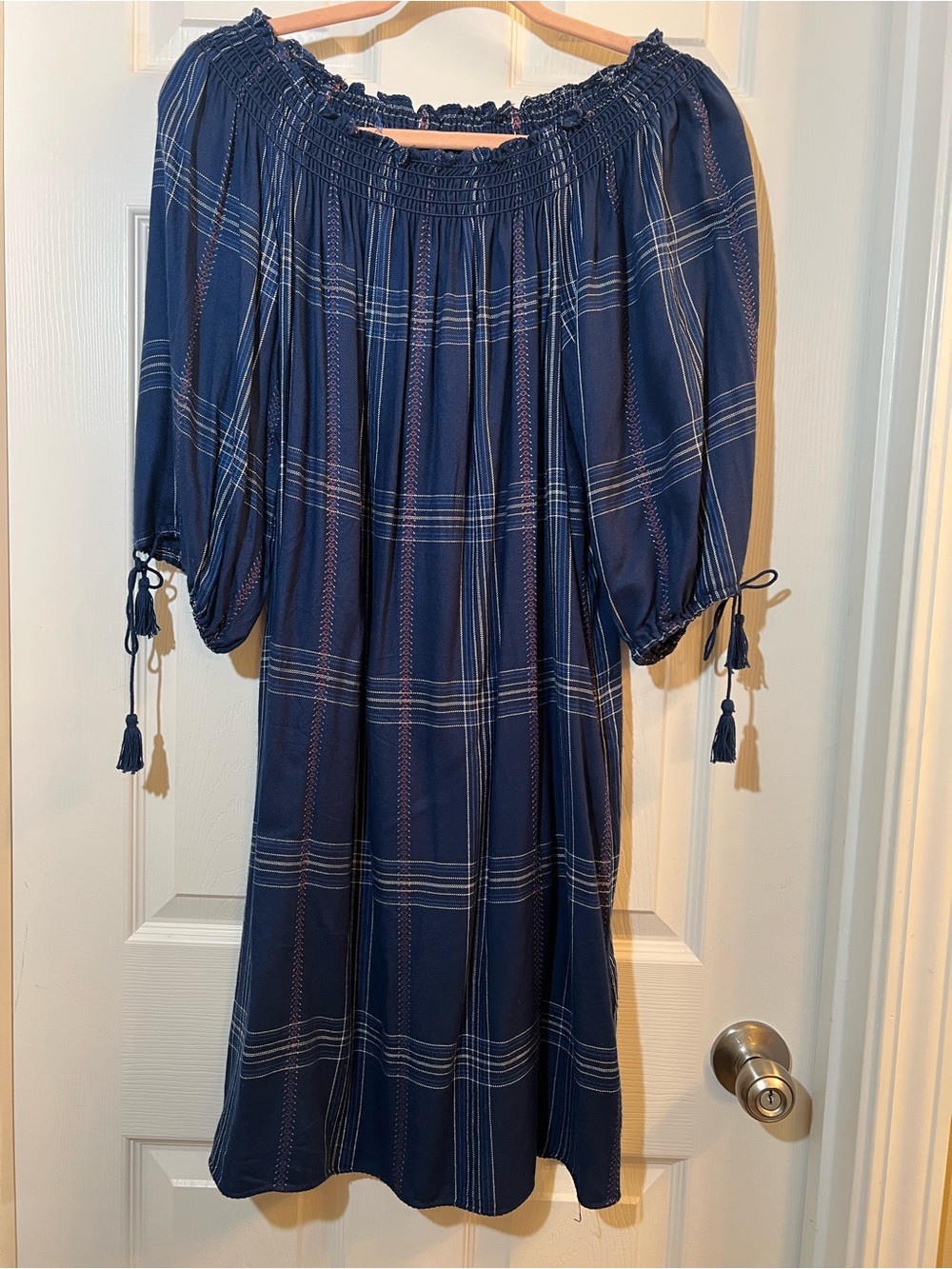 🦋 Max Studio Navy Plaid Off-Shoulder Midi Dress size medium